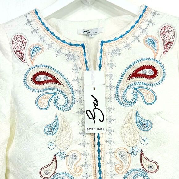 Style Italy White Brocade Colorful Metallic Embroidered Paisley Blazer - Picture 10 of 16